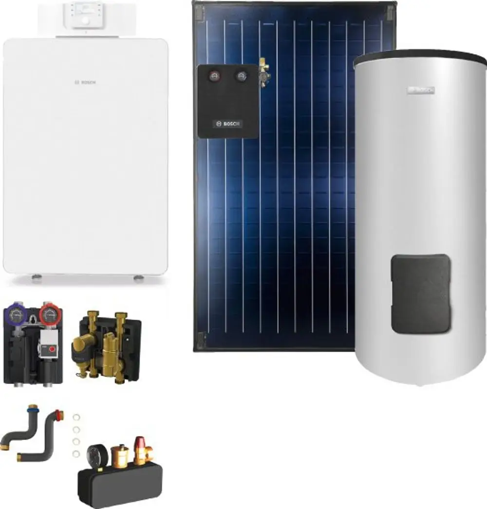 Bosch Gas-BW-Plus-Paket mit weißem Wandgerät, solarer Kollektoranlage, speicherndem Wasserbehälter und weiteren Montagekomponenten auf hellem Hintergrund.